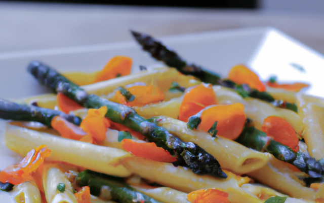 Penne à l'encre de seiche, asperges, saumon et safran