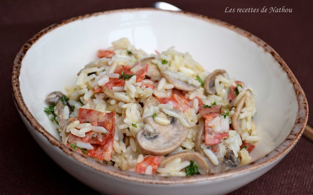 Riz crémeux aux champignons de paris et chorizo
