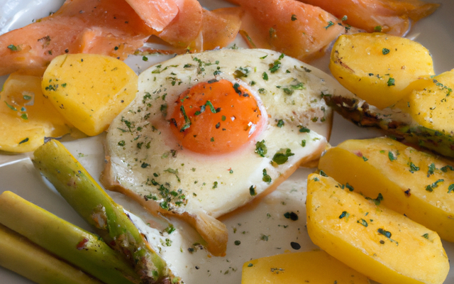 Œuf basse température, asperges, saumon et pommes de terre