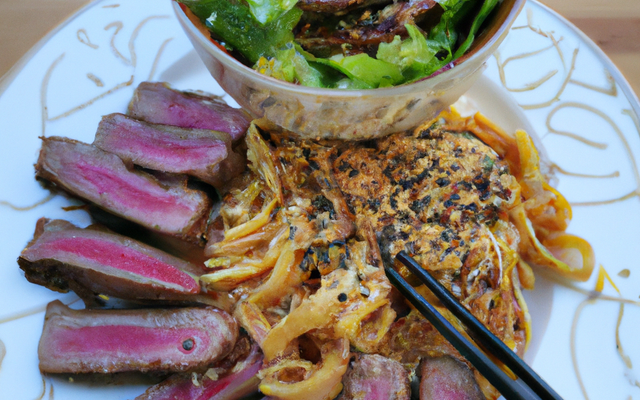 Salade de nouilles Udon et magret de canard aux graines de sésame grillées