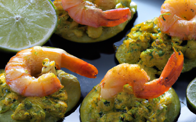 Corolles de guacamole, gambas sautées au curcuma et citron vert