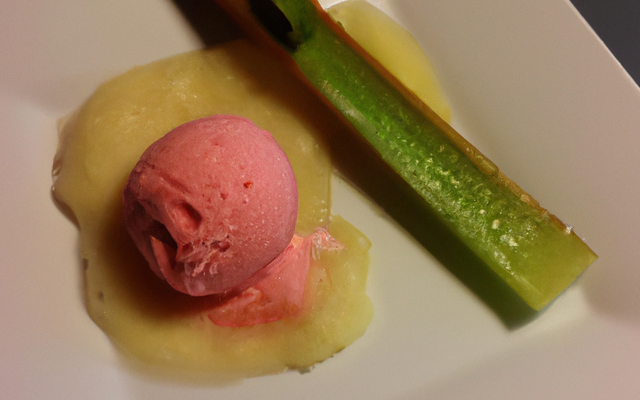 Feuillantine de compotiers de rhubarbe et son sorbet au genièvre