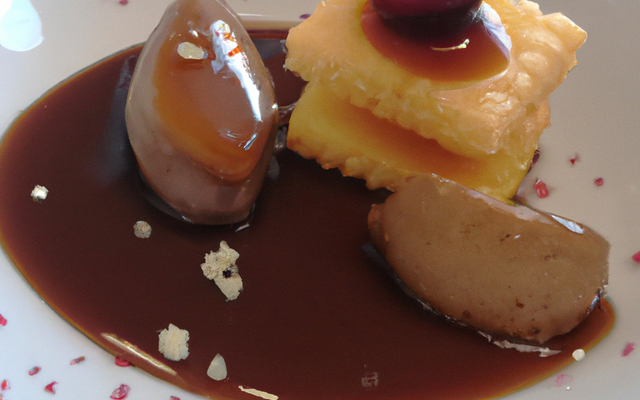 Foie gras poêlé et chutney de poire, copeaux de chocolat au fructose