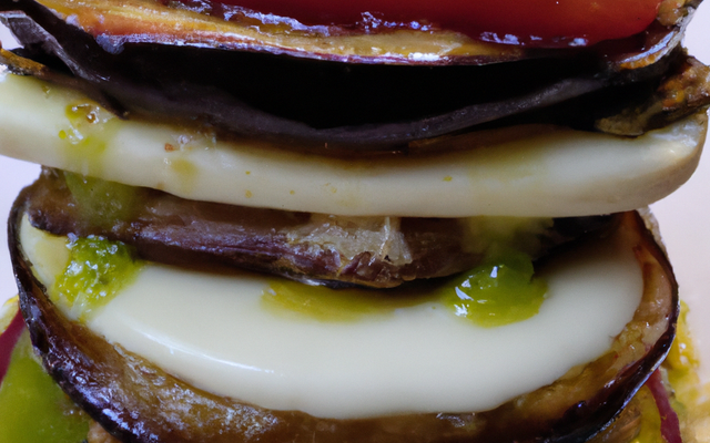 Mille-feuilles de tomate, aubergines grillées, mozzarella et sa sauce pesto