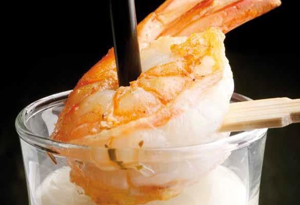 La Fourme d'Ambert en smoothie au wasabi, crevettes rôties