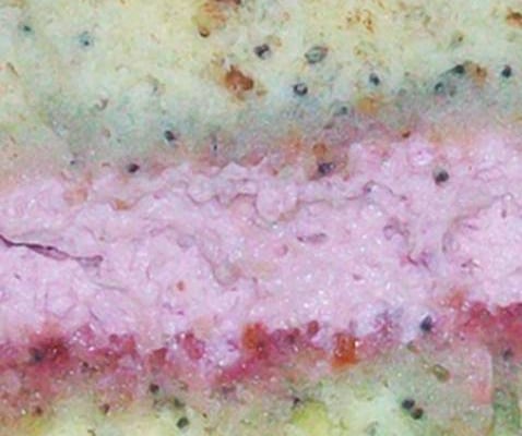 The gâteau white & pink, pâte au sésame et au pavot mi-vanille, mi-citron, fourrage aux framboises, ganache chocolat noir aromatisé au sirop de cranberry