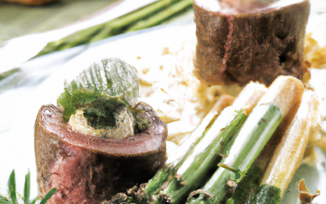 Filet d'agneau en croûte d'herbes et religieuse tiède aux asperges