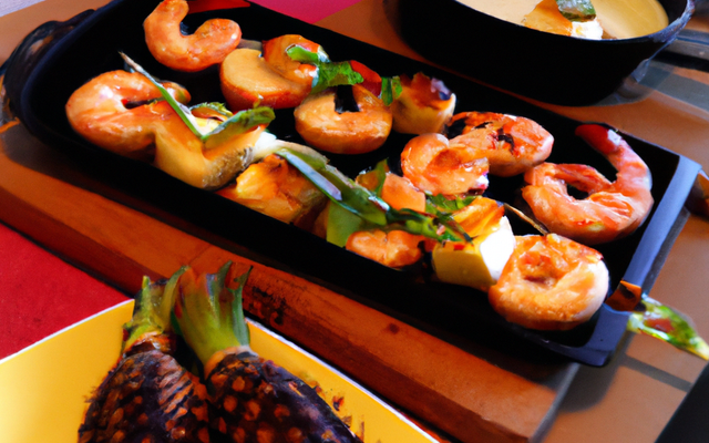 Gambas coco, fondue de poireaux et pommes de terre grillées