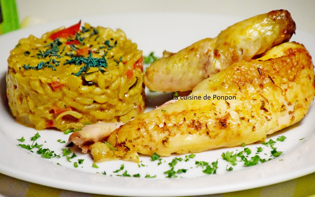 Coucou de Malines mariné à la provençale et risotto