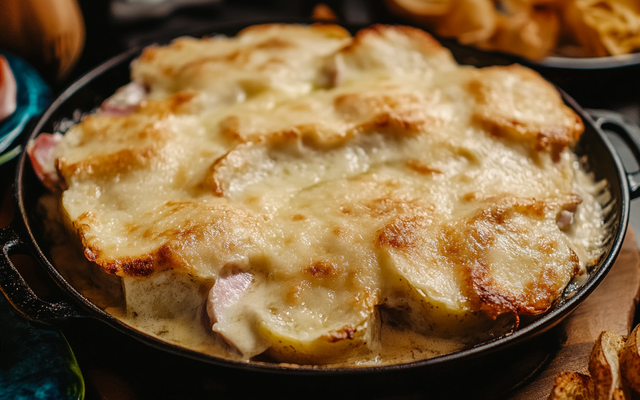 Gratin de pommes de terre, oignons, blanc de poulet et raclette