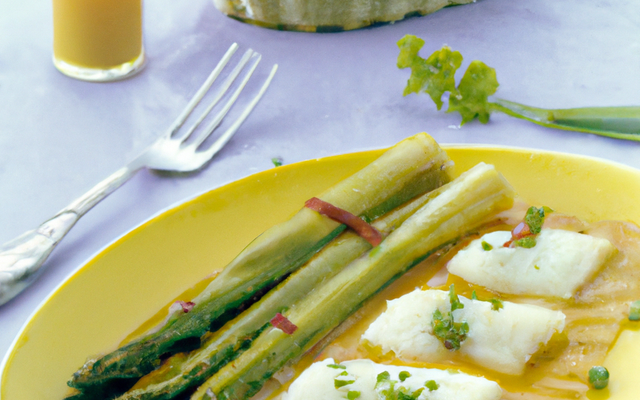 Feuilletés de cabillaud à la mangue et aux asperges vertes