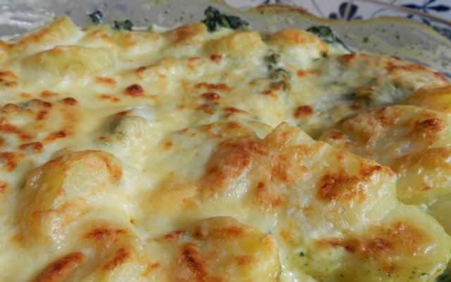 Gratin de pommes de terre, poisson et épinards
