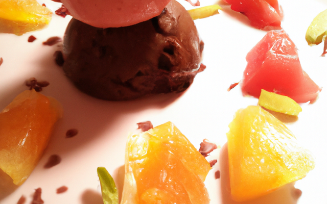 Gelée de Campari, agrumes et sorbet cacao