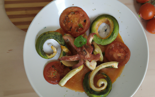 Verinne calamars à l'américaine, chèvre chorizo, courgette et tomate verte