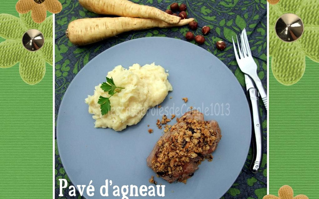 Pavé d'agneau presto en croûte de noisettes, purée de panais