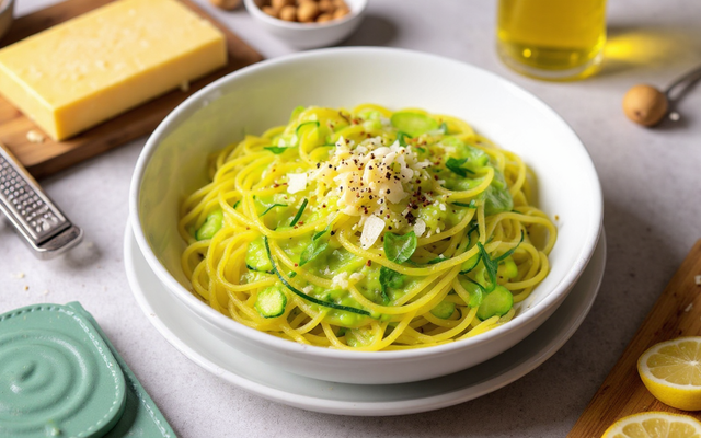 Spaghetti à la crème de Courgette au Parmesan et aux Noisettes
