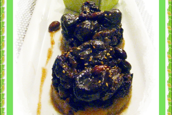 Millefeuilles de boudin pommes et pruneaux et sa timbale de riz aux courgettes