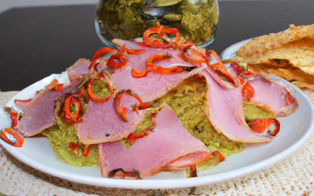 Vermicellinis au pesto de poivrons rouges et leur chips de jambon cru