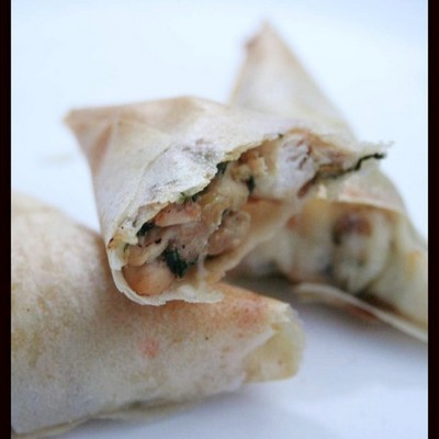 Samossas au poulet, ail des ours et tome de chèvre