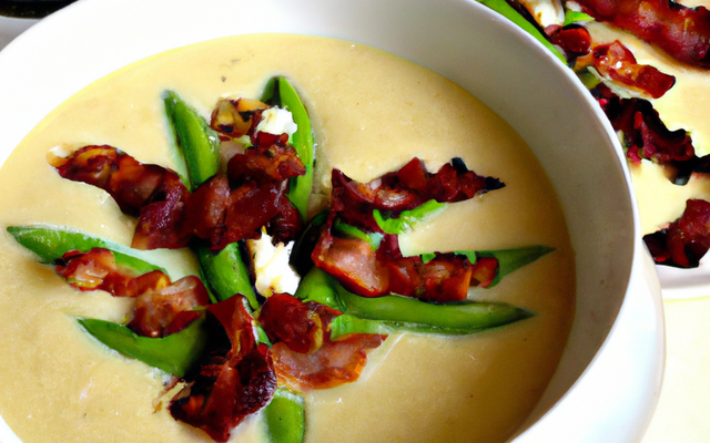 Soupe de courgette et petits pois au fromage et au bacon grillé
