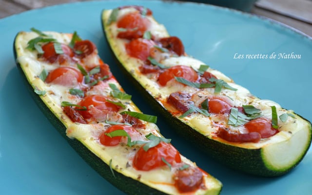 Courgettes gratinées au chorizo, tomate cerise et mozzarella