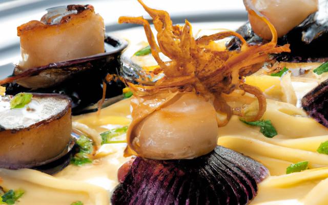 Saint-Jacques flambées à la prune sur tagliatelles et fondue de poireaux