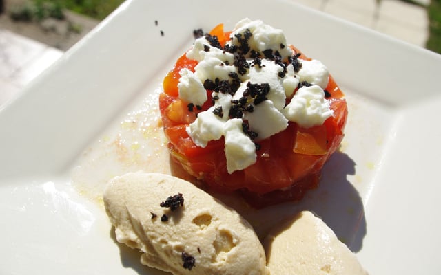 Tartare de tomates et sa glace au pain grillé