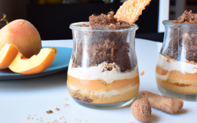 Verrine à la crème à la pâte à tartiner type nutella et crumble de spéculoos aux pêches