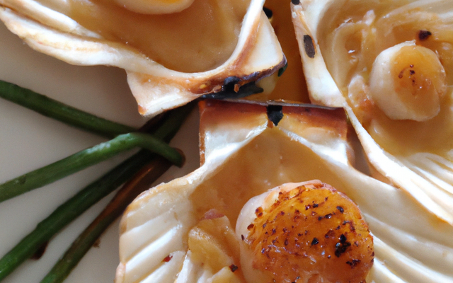 Coquilles Saint Jacques pochées, feuilleté aux noisettes et Dubarry caramélisé