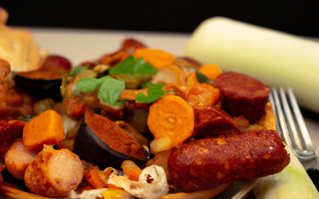 Encornets et chorizo et rubans de légumes