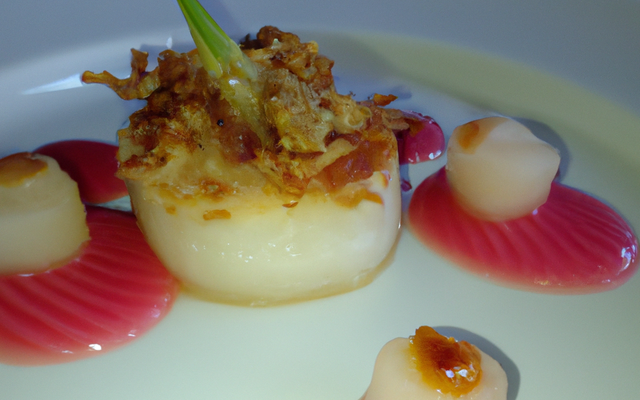 Noix de St-Jacques et Raiton en gelée de Muscadet, coulis d'oignon et rhubarbe