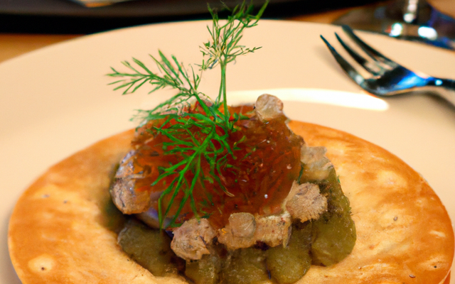 Le 'caviar du Velay' en gelée de crustacés, blinis à la farine de Lentilles Verte du Puy