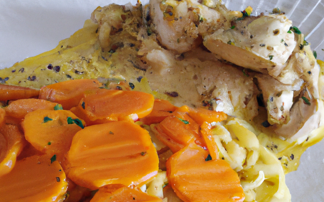 Dés de poulet au citron et à la cardamome verte, accompagnés de tagliatelles de carottes et riz blanc au curcuma