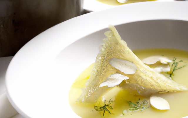 Soupe de gariguette au vinaigre balsamique blanc et sa tuile aux amandes de Provence