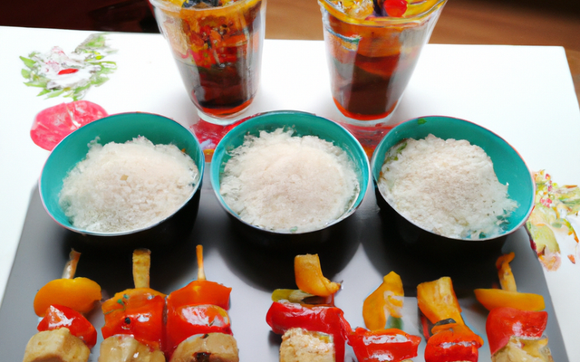 Verrine au poivrons, riz sauvage et brochette de volaille