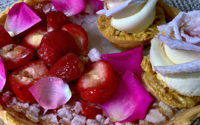 Tarte friande à la fraise, bêtises de Cambrai, sorbet fromage blanc et pétales de roses cristal