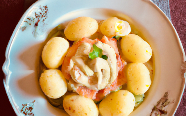 Pommes de terre écrasées aux œufs de saumon et crème à l'aneth par le chef Jacq