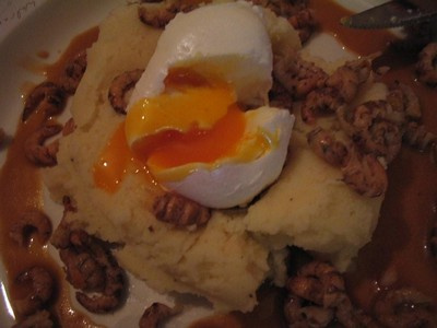 Karnemelkstampers, crevettes grises de la mèr du Nord, beurre noisette, œuf mollet et sauce de crevettes