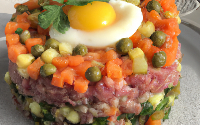 Tartare de légumes à la Fourme d'Ambert et œuf de caille poché