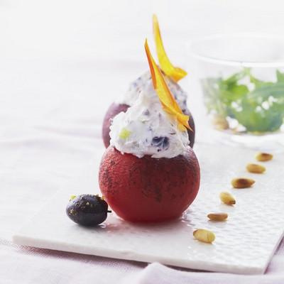 Tomates brûlées farcies au Chavroux et aux Olives Noires