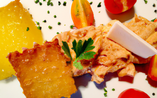Tuiles de fromage Allegretto, rillettes d'esturgeon et tombée de tomates et de pleurotes