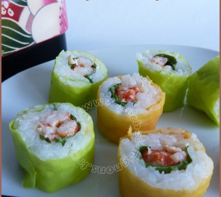 Sushi d'écrevisses et pousses d'épinards