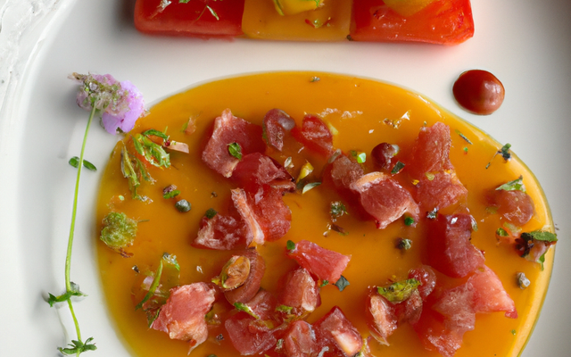 Tartare de tomates confites à la fleur de thym, crispy de jambon cru et gaspacho de melon Gallia safranné