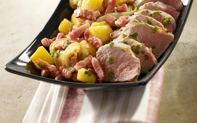Filet mignon de porc au cidre et dés de lardons