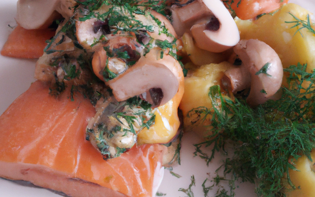 Saumon fumé avec sa compotée de fenouil et sa sauce aux champignons