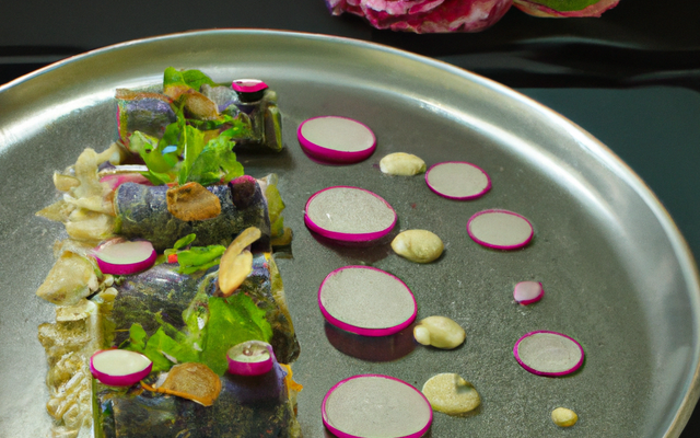 Cannelloni de radis noir et roses, salade et pesto hivernal