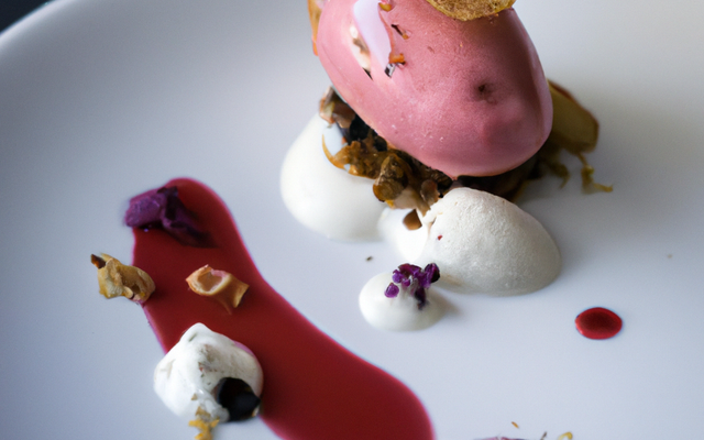 Pétales de cassis, glace au pain d'épices, coulis de vin rouge