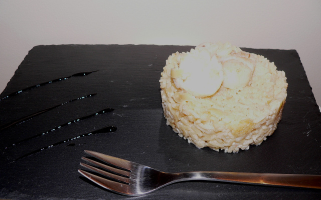 Risotto aux noix de Saint-Jacques, crème fraîche et oignons