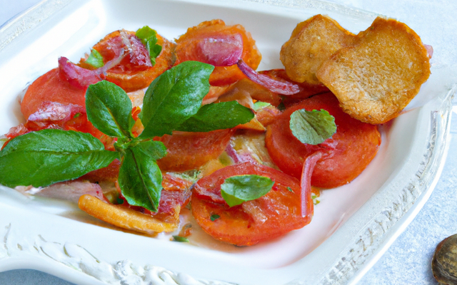 Carpaccio de tomates, basilic et croûtons frits