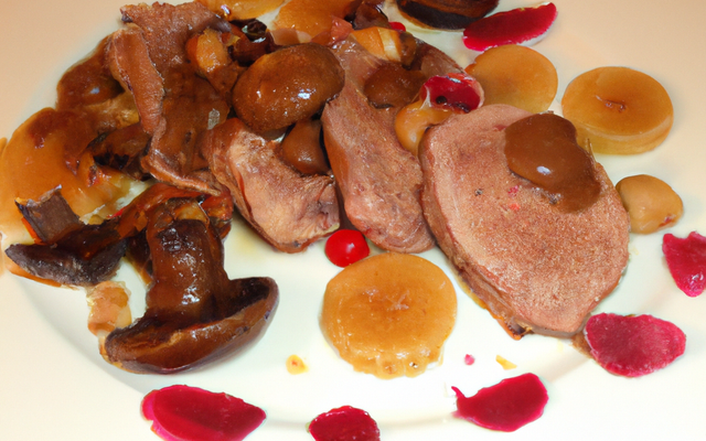 Magret de canard cuit sur sa peau, Princesse Amandine sautées à cru aux girolles, jus de veau à la gelée de fruits rouges